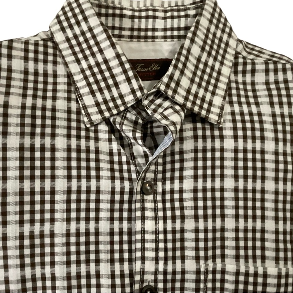 TASSO ELBA Brown White Gingham Check Button Down Shirt Blue Accents Sz S Fitted